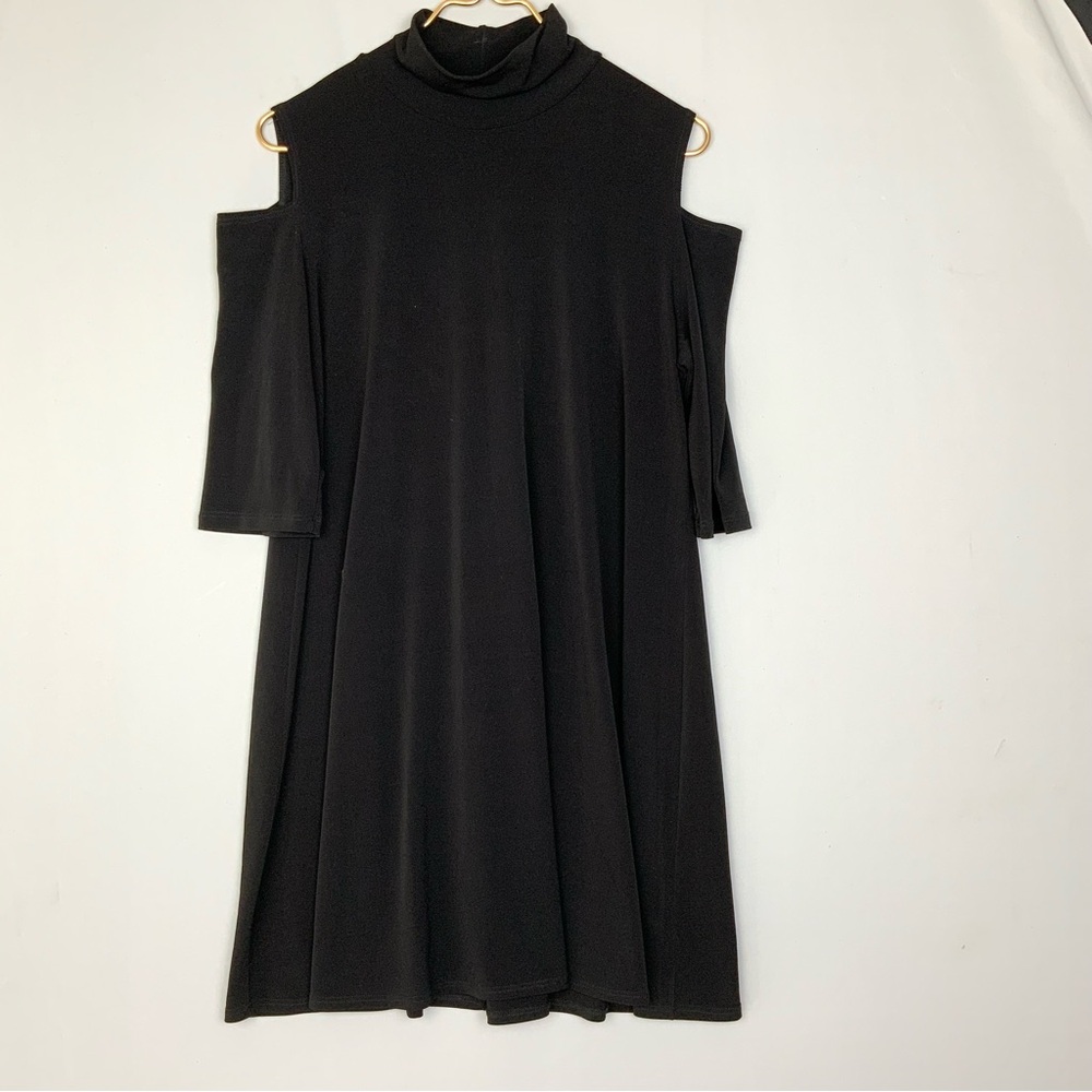 Clara Sun Woo Medium Black Mock Neck  Cold Shoulder Jersey Tunic Dress Lagenlook